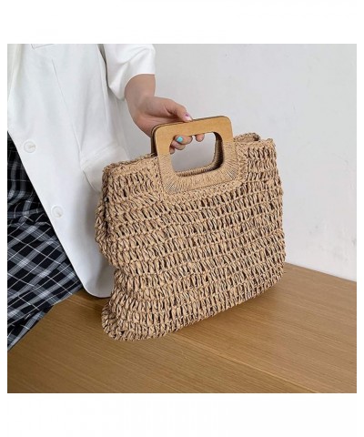 Straw Tote Bag with Wooden Handle Women Hobo Woven Handbag Summer Beach Travel Brown $9.48 Totes