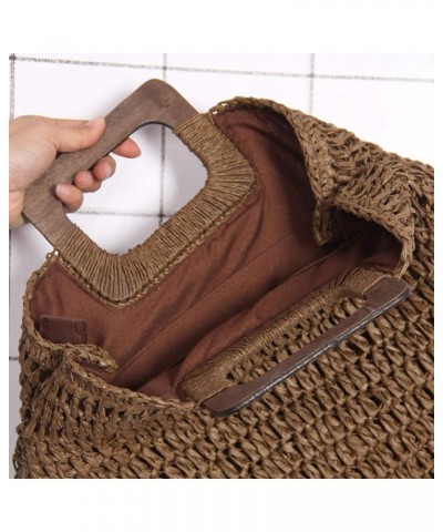 Straw Tote Bag with Wooden Handle Women Hobo Woven Handbag Summer Beach Travel Brown $9.48 Totes