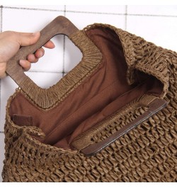 Straw Tote Bag with Wooden Handle Women Hobo Woven Handbag Summer Beach Travel Brown $9.48 Totes