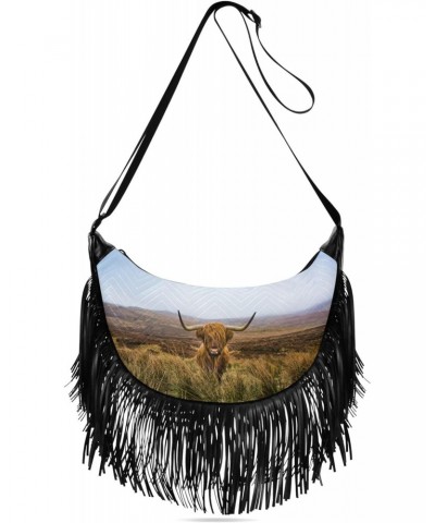 Cute Purses for Women Crossbody Fringe Womens Crossbody Bags Medium Medium Shoulder Bag Highland Cow Field Mountains Distance...