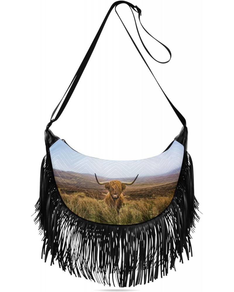 Cute Purses for Women Crossbody Fringe Womens Crossbody Bags Medium Medium Shoulder Bag Highland Cow Field Mountains Distance...