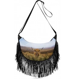 Cute Purses for Women Crossbody Fringe Womens Crossbody Bags Medium Medium Shoulder Bag Highland Cow Field Mountains Distance...