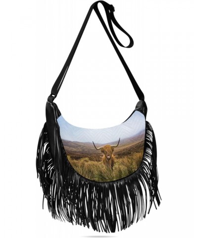 Cute Purses for Women Crossbody Fringe Womens Crossbody Bags Medium Medium Shoulder Bag Highland Cow Field Mountains Distance...