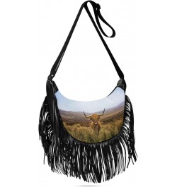 Cute Purses for Women Crossbody Fringe Womens Crossbody Bags Medium Medium Shoulder Bag Highland Cow Field Mountains Distance...