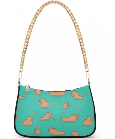 Women Chain Shoulder Purse Bag With Zipper Capybaras in The Water Print, Hobo Tote Clutch Handbags with Chain Strap $14.25 Totes