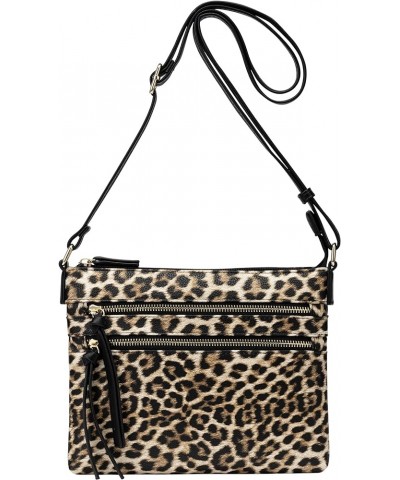 Vegan Multi-Zipper Crossbody Handbag Purse with Tassel Accents Leopard Black $16.21 Crossbody Bags