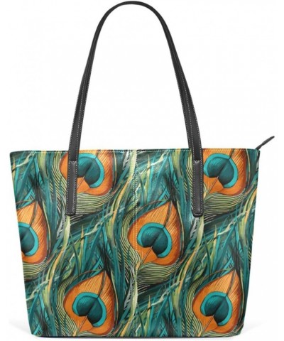 Tote Bag For Women-Orange-blue Peacock Feather,Large Work Tote Bags Women's PU Leather Fashion Shopper Bag Handbags Casual Ba...