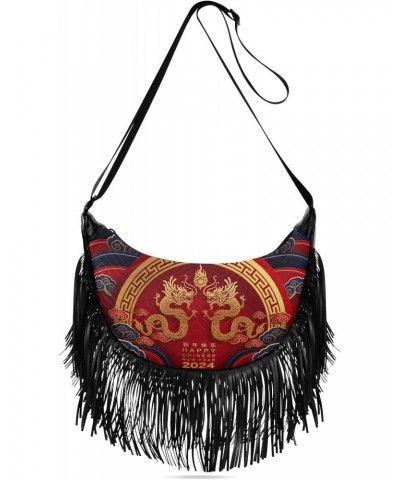 Women's Fringe Crossbody Tassel Purse 2024 Chinese Dragon Hobo Shoulder Bags Crossbody Handbag with Adjustable Shoulder Strap...