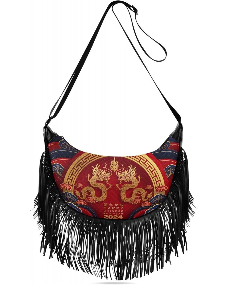 Women's Fringe Crossbody Tassel Purse 2024 Chinese Dragon Hobo Shoulder Bags Crossbody Handbag with Adjustable Shoulder Strap...