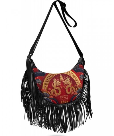 Women's Fringe Crossbody Tassel Purse 2024 Chinese Dragon Hobo Shoulder Bags Crossbody Handbag with Adjustable Shoulder Strap...