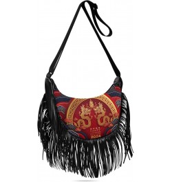 Women's Fringe Crossbody Tassel Purse 2024 Chinese Dragon Hobo Shoulder Bags Crossbody Handbag with Adjustable Shoulder Strap...