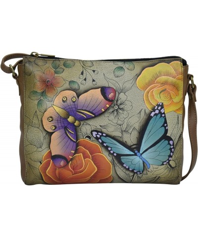 Women's Hand Painted Genuine Leather Slim Medium Crossbody Floral Paradise Tan $41.37 Shoulder Bags