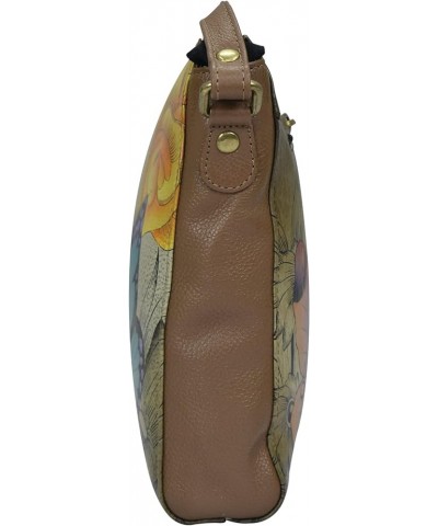 Women's Hand Painted Genuine Leather Slim Medium Crossbody Floral Paradise Tan $41.37 Shoulder Bags