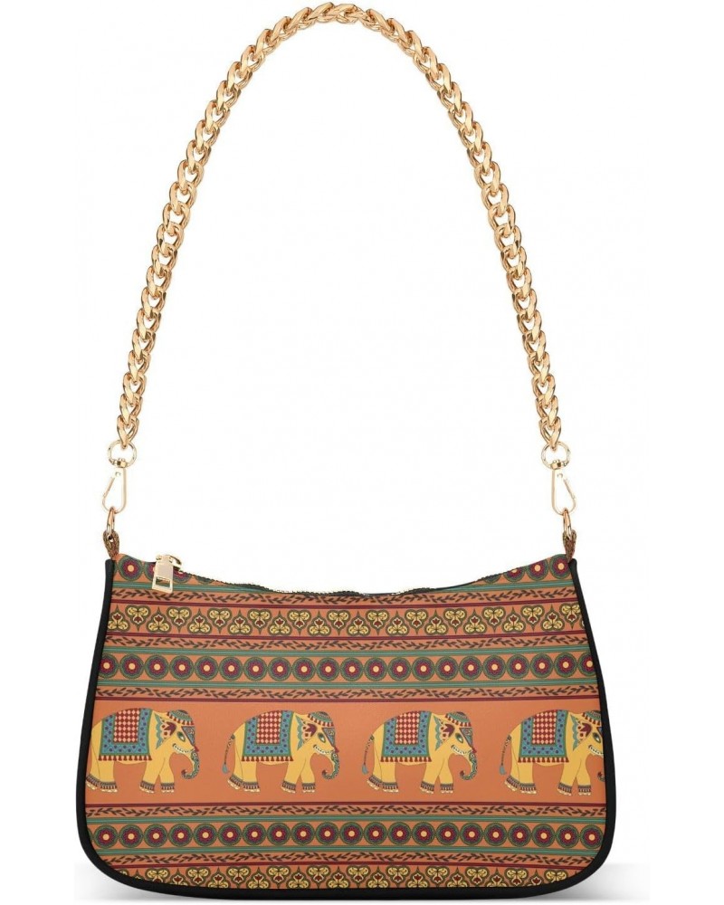 Clutch Shoulder Bags Tote Evening Purse Handbags for Women Hobo Bags Indian Traditional Elephants on Orange with Zipper Closu...