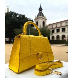 Italian Crocodile print Handbags for Women Genuine Cow Leather Purses Top Handles Shoulder Bag Yellow $58.52 Shoulder Bags