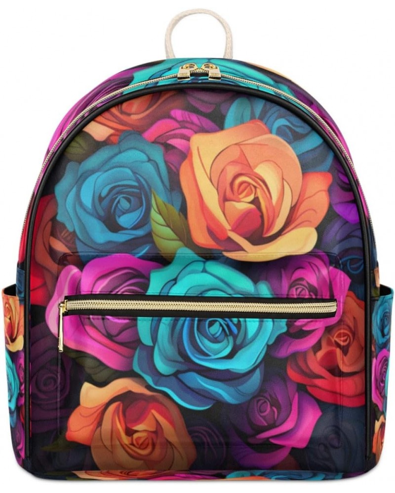 Colorful Rose Backpack Purse for Women PU Leather Lightweight Ladies Shoulder Fashion Satchel Bags Travel Casual Daypack $28....