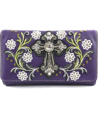 Western Cross Daisy Flower Women Crossbody Wrist Trifold Wallet Purple Violet $16.19 Wallets