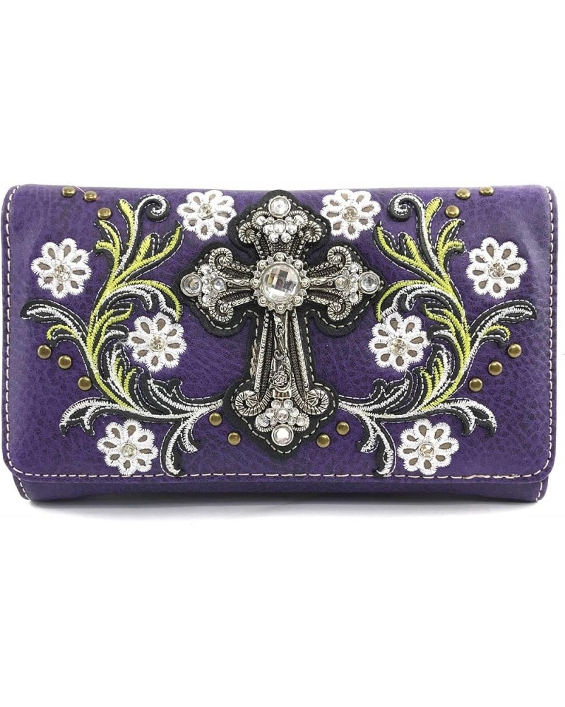 Western Cross Daisy Flower Women Crossbody Wrist Trifold Wallet Purple Violet $16.19 Wallets