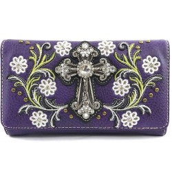 Western Cross Daisy Flower Women Crossbody Wrist Trifold Wallet Purple Violet $16.19 Wallets