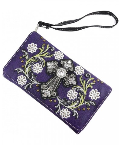 Western Cross Daisy Flower Women Crossbody Wrist Trifold Wallet Purple Violet $16.19 Wallets