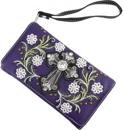 Western Cross Daisy Flower Women Crossbody Wrist Trifold Wallet Purple Violet $16.19 Wallets