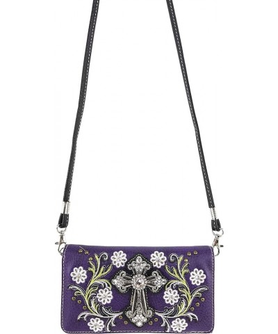 Western Cross Daisy Flower Women Crossbody Wrist Trifold Wallet Purple Violet $16.19 Wallets