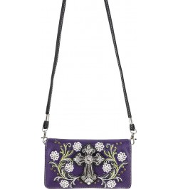 Western Cross Daisy Flower Women Crossbody Wrist Trifold Wallet Purple Violet $16.19 Wallets