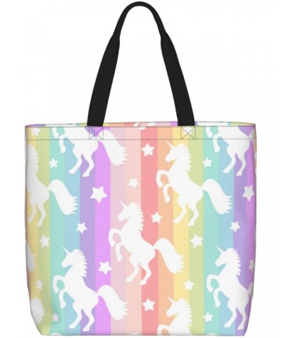 Women'S Soft Tote Shoulder Bag Cute-White-Unicorn-Stripe-Rainbow Foldable Travel Purse With Zipper Closure $16.50 Totes