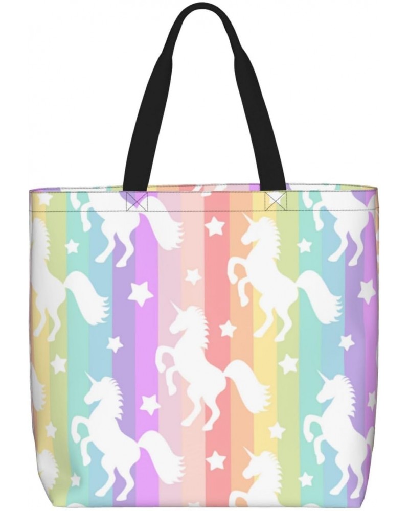 Women'S Soft Tote Shoulder Bag Cute-White-Unicorn-Stripe-Rainbow Foldable Travel Purse With Zipper Closure $16.50 Totes