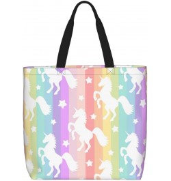 Women'S Soft Tote Shoulder Bag Cute-White-Unicorn-Stripe-Rainbow Foldable Travel Purse With Zipper Closure $16.50 Totes