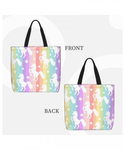 Women'S Soft Tote Shoulder Bag Cute-White-Unicorn-Stripe-Rainbow Foldable Travel Purse With Zipper Closure $16.50 Totes