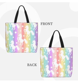 Women'S Soft Tote Shoulder Bag Cute-White-Unicorn-Stripe-Rainbow Foldable Travel Purse With Zipper Closure $16.50 Totes