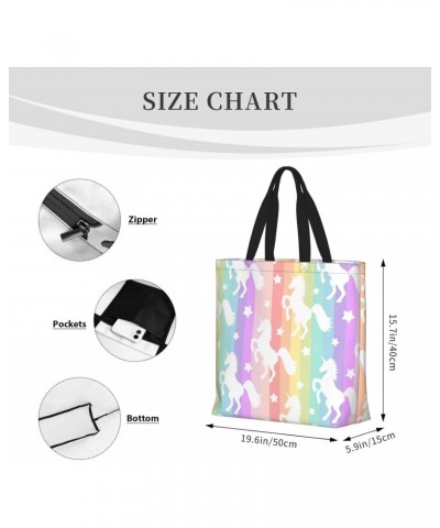 Women'S Soft Tote Shoulder Bag Cute-White-Unicorn-Stripe-Rainbow Foldable Travel Purse With Zipper Closure $16.50 Totes