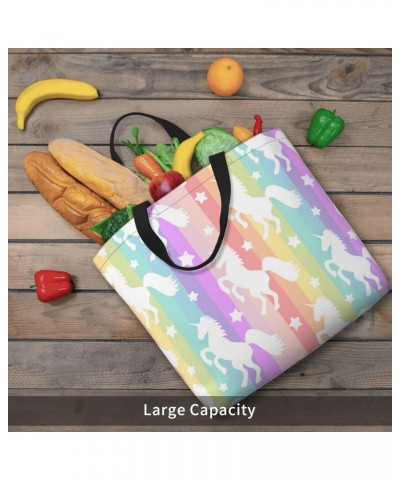 Women'S Soft Tote Shoulder Bag Cute-White-Unicorn-Stripe-Rainbow Foldable Travel Purse With Zipper Closure $16.50 Totes