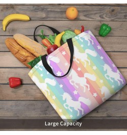 Women'S Soft Tote Shoulder Bag Cute-White-Unicorn-Stripe-Rainbow Foldable Travel Purse With Zipper Closure $16.50 Totes