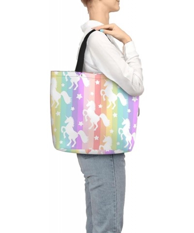 Women'S Soft Tote Shoulder Bag Cute-White-Unicorn-Stripe-Rainbow Foldable Travel Purse With Zipper Closure $16.50 Totes