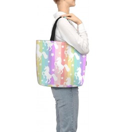 Women'S Soft Tote Shoulder Bag Cute-White-Unicorn-Stripe-Rainbow Foldable Travel Purse With Zipper Closure $16.50 Totes