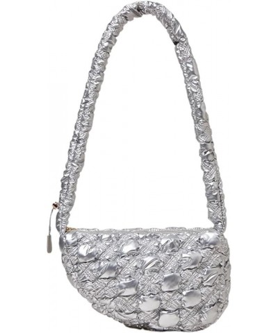 Women's Soft Down Pleated Quilted Tote Bag, Fluffy Cloud Drawstring Shoulder Bag Silver $27.57 Totes