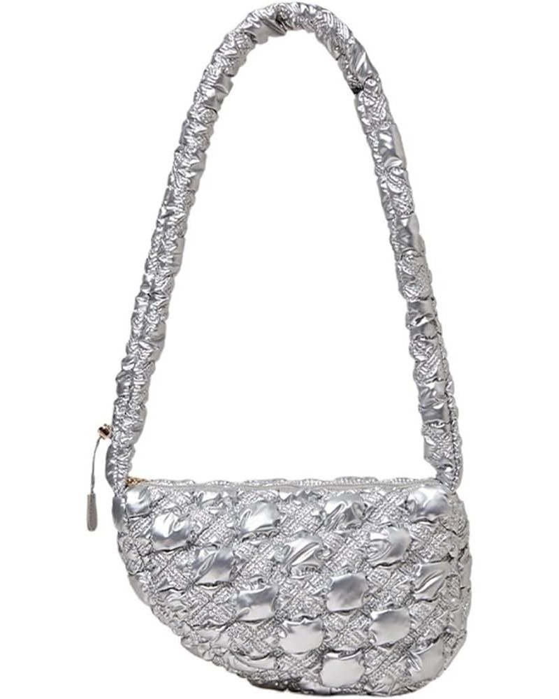 Women's Soft Down Pleated Quilted Tote Bag, Fluffy Cloud Drawstring Shoulder Bag Silver $27.57 Totes