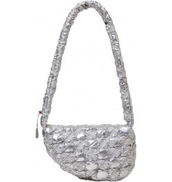 Women's Soft Down Pleated Quilted Tote Bag, Fluffy Cloud Drawstring Shoulder Bag Silver $27.57 Totes