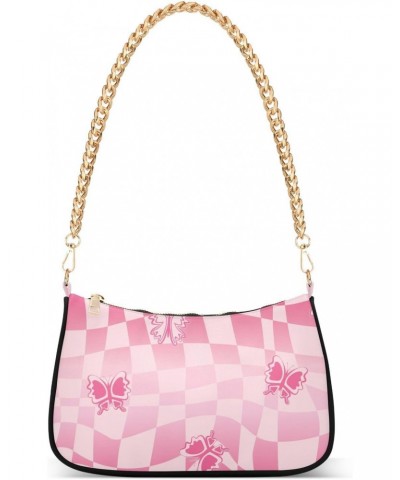 Clutch Shoulder Bags Tote Evening Purse Handbags for Women Hobo Bags Pink Butterfly Plaid with Zipper Closure $14.08 Totes