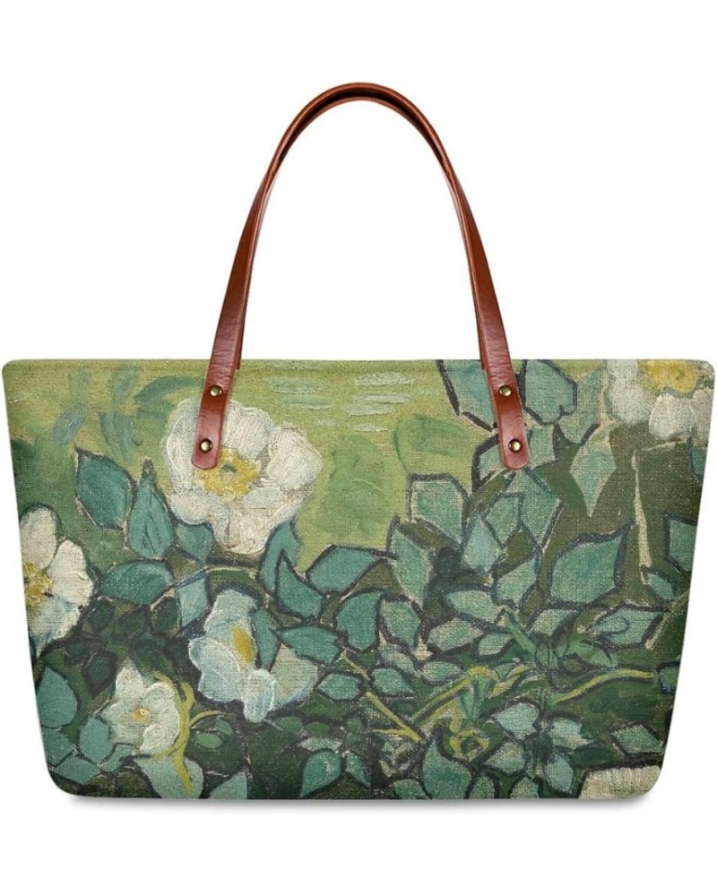 Women's Van Gogh Oil Painting Printed PU Leather Handbag Tote Bag Fashion Top-Handle Shoulder Bag Satchel Purse Wild Roses $2...