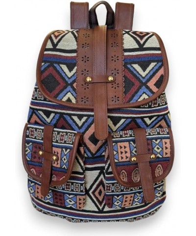 Hippie Canvas Women Backpack Purse- Boho Style Ethnic Drawstring Causal Double Shoulder Vintage Travel Daypack (Rhombus) Larg...