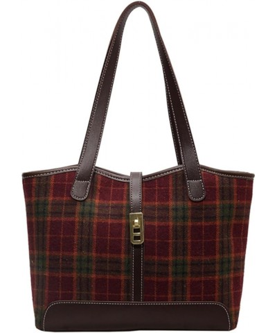 Fashionable Commuting Bag Woolen Large-Capacity Bag Women's Bag Autumn And Winter Shoulder Bag Fashionable Tote Bag Red Plaid...