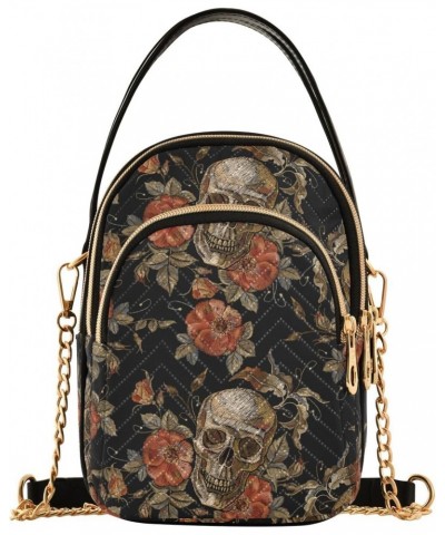 Skull Small Crossbody Handbag for Women Mini Over Shoulder Purse with Three Zippered Pockets Durable Sling Bag for Shopping H...