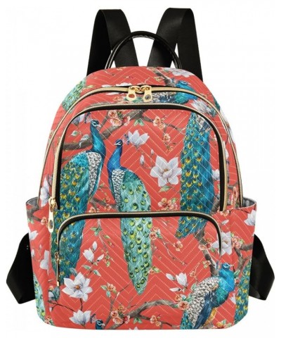 Backpack Purse for Women Watercolor Japanese Peacock, Mini Fashion Backpack Red Oriental Style Lightweight Casual Daypack Sho...