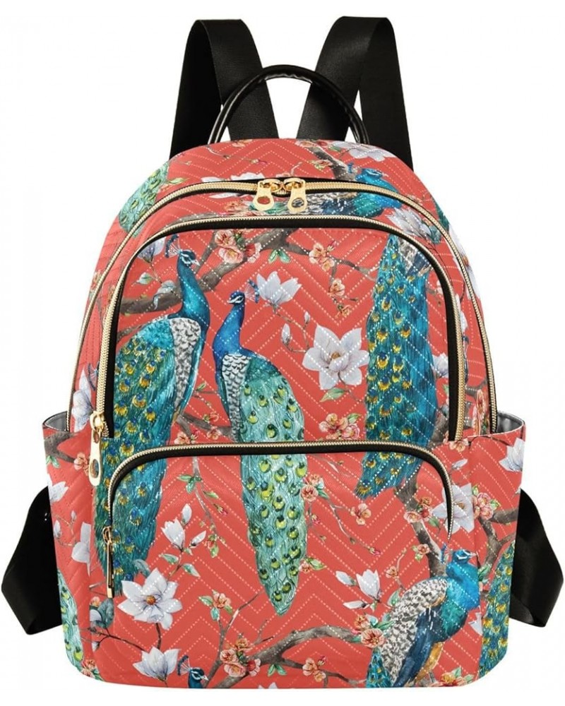 Backpack Purse for Women Watercolor Japanese Peacock, Mini Fashion Backpack Red Oriental Style Lightweight Casual Daypack Sho...