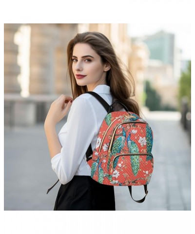 Backpack Purse for Women Watercolor Japanese Peacock, Mini Fashion Backpack Red Oriental Style Lightweight Casual Daypack Sho...