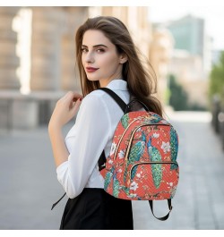 Backpack Purse for Women Watercolor Japanese Peacock, Mini Fashion Backpack Red Oriental Style Lightweight Casual Daypack Sho...