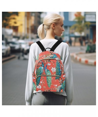 Backpack Purse for Women Watercolor Japanese Peacock, Mini Fashion Backpack Red Oriental Style Lightweight Casual Daypack Sho...